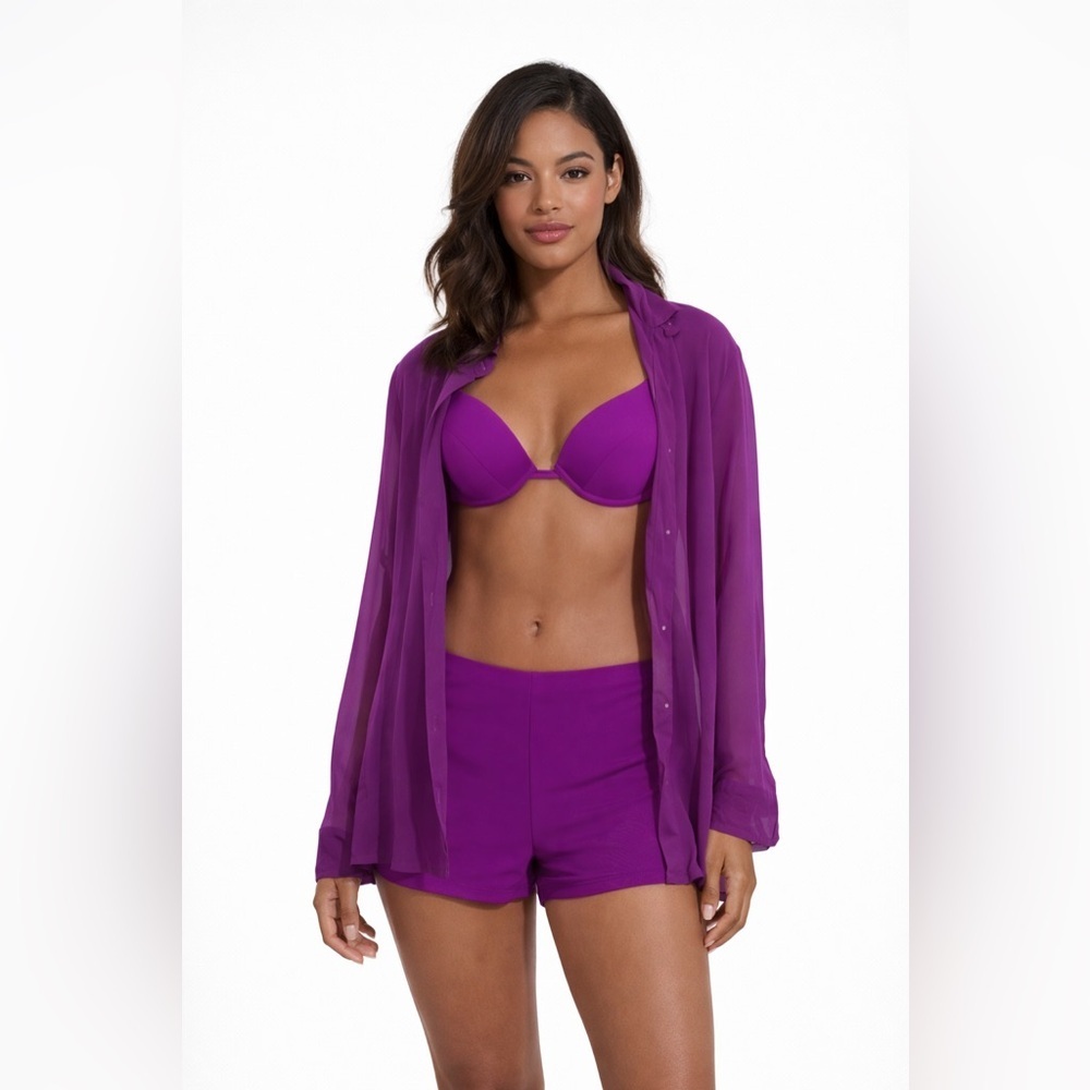 Matte Collection Purple 3 Piece Bikini Set Sheer Cover Up Small